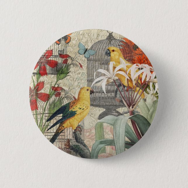 Parrot Yellow Tropical Antique Flower  Button (Front)