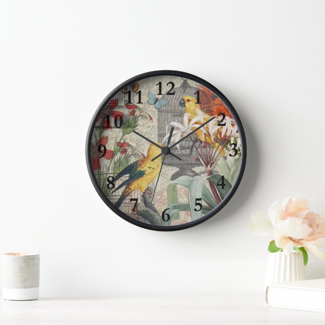 Parrot Yellow Tropical Antique Flower  Clock (Home)