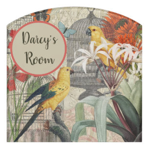 Parrot Yellow Tropical Antique Flower Door Sign
