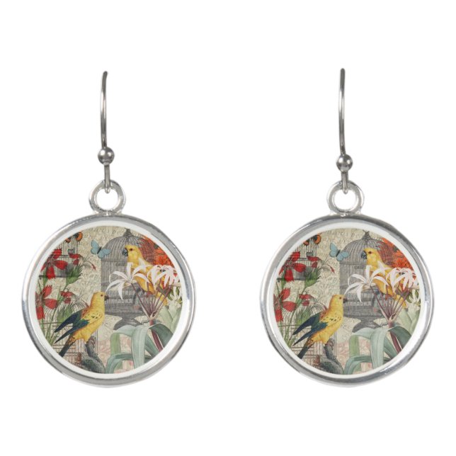 Parrot Yellow Tropical Antique Flower  Earrings (Front)