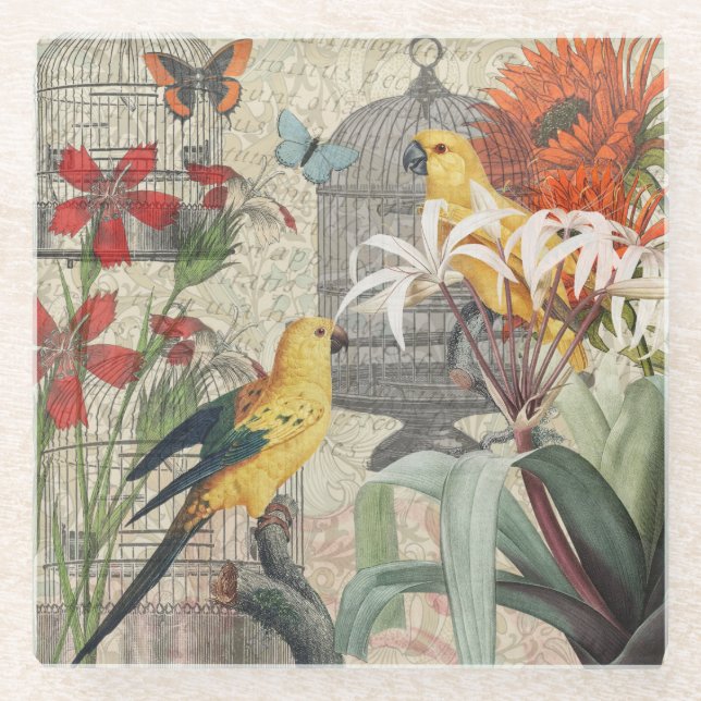 Parrot Yellow Tropical Antique Flower  Glass Coaster (Front)