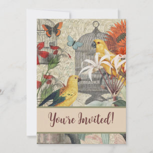 Parrot Yellow Tropical Antique Flower Invitation