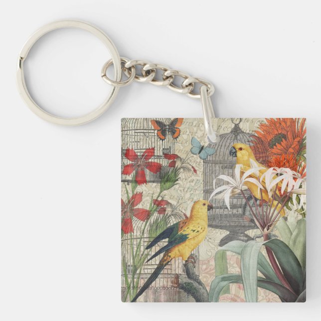 Parrot Yellow Tropical Antique Flower  Keychain (Front)