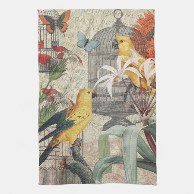 Parrot Yellow Tropical Antique Flower  Kitchen Towel (Vertical)