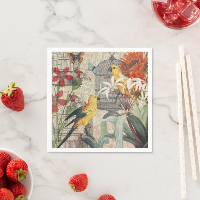 Parrot Yellow Tropical Antique Flower  Napkins (Insitu)