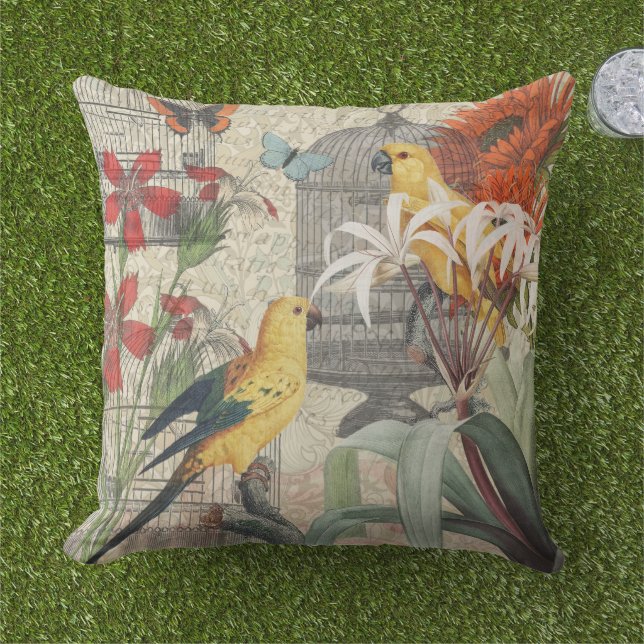 Parrot Yellow Tropical Antique Flower  Outdoor Pillow (Grass)