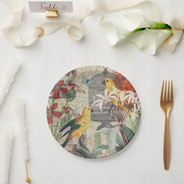 Parrot Yellow Tropical Antique Flower  Paper Plates (Wedding)