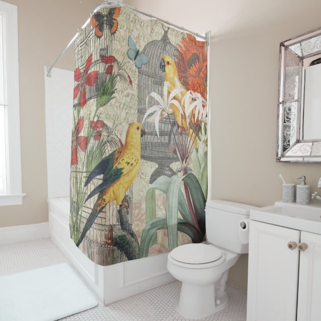 Parrot Yellow Tropical Antique Flower  Shower Curtain (In Situ)