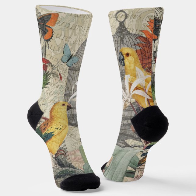 Parrot Yellow Tropical Antique Flower  Socks (Angled)