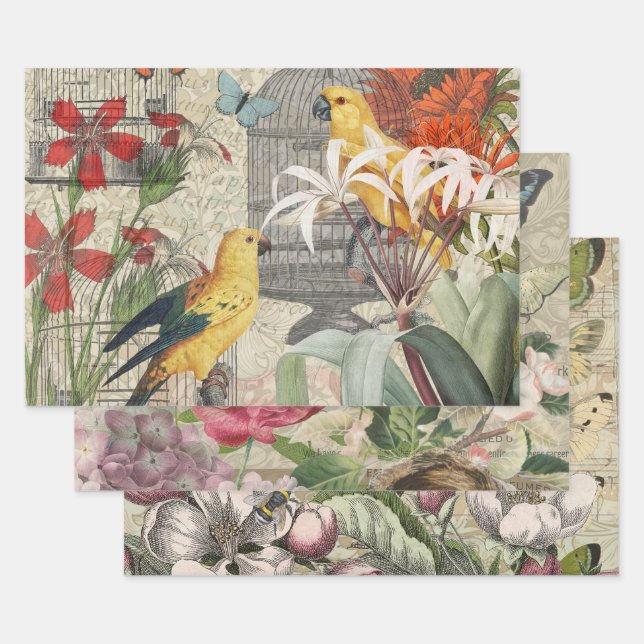 Parrot Yellow Tropical Antique Flower  Wrapping Paper Sheets (Set)