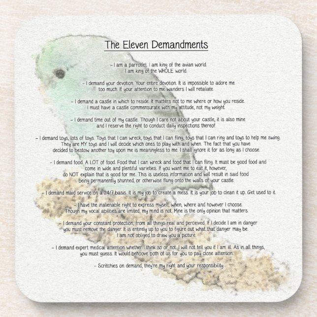 Parrotlets' Eleven Demandments Beverage Coaster (Front)
