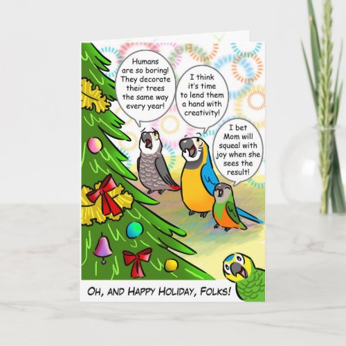 Parrots and Christmas tree Holiday Card