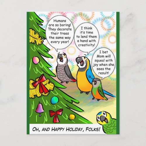 Parrots and Christmas tree Holiday Postcard