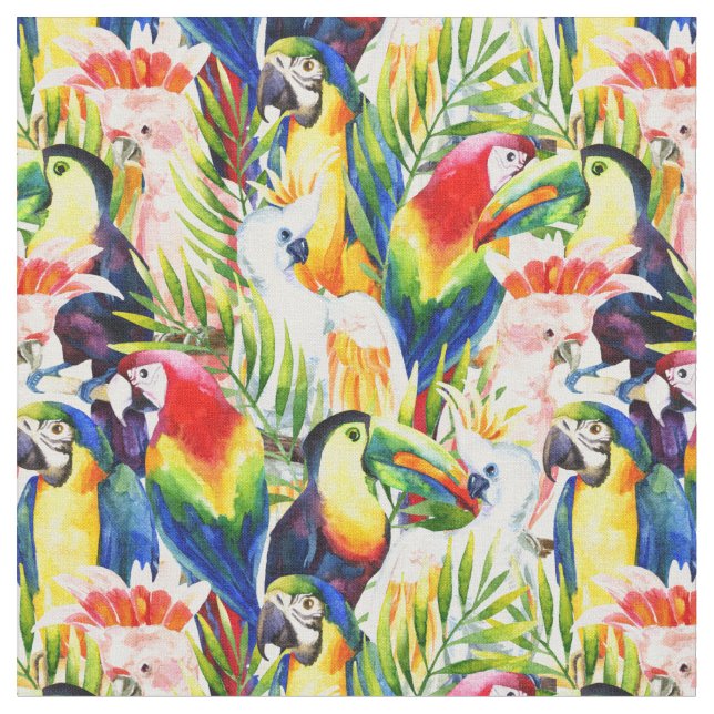 Parrots And Palm Leaves Fabric (Close Up)