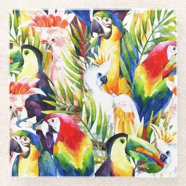 Parrots And Palm Leaves Glass Coaster (Front)