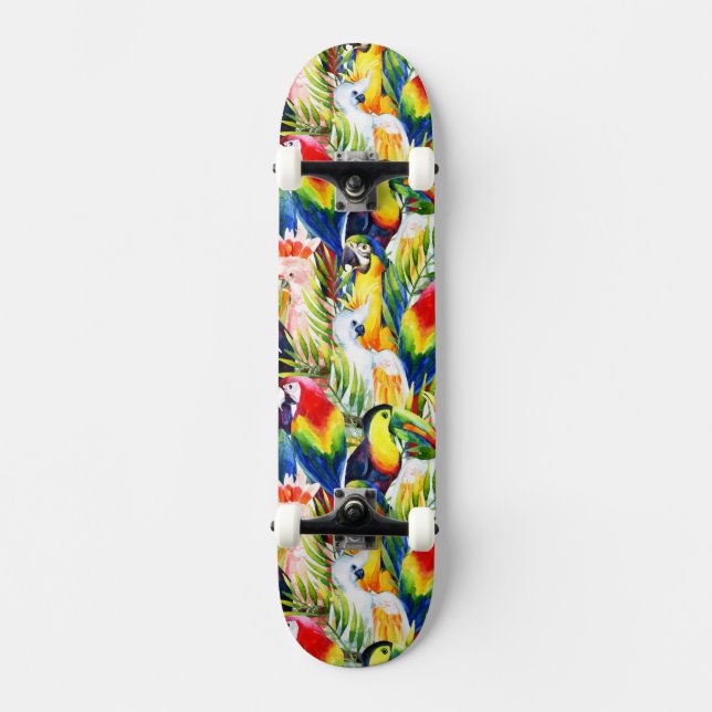 Parrots And Palm Leaves Skateboard Deck (Front)
