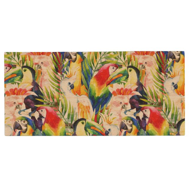 Parrots And Palm Leaves Wood USB Flash Drive (Front)