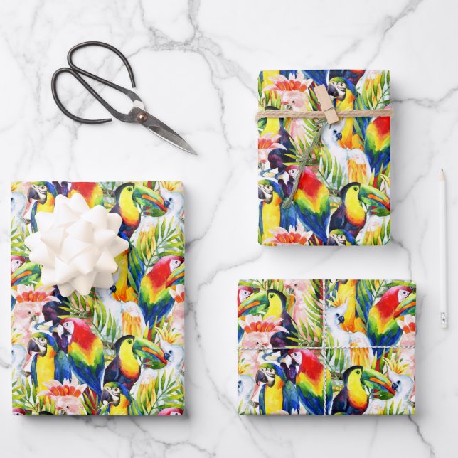 Parrots And Palm Leaves Wrapping Paper Sheets (Front)