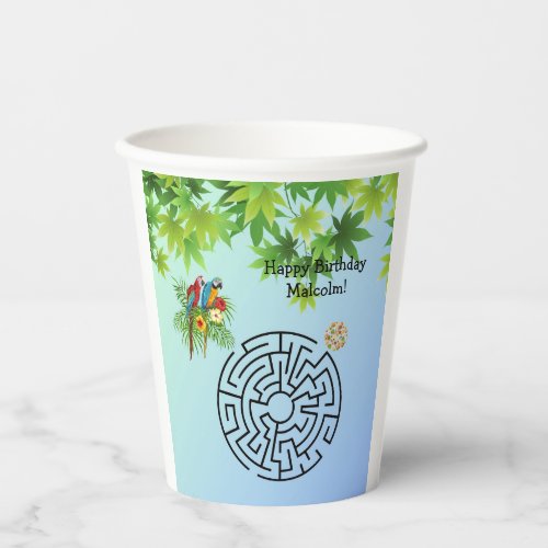 Parrots and Seeds maze on birthday paper cups