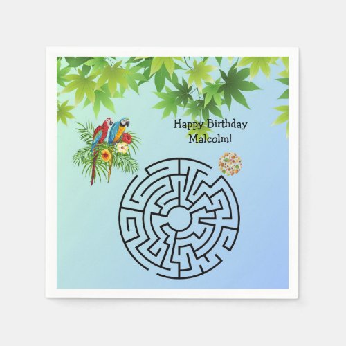 Parrots and Seeds maze on birthday paper napkins