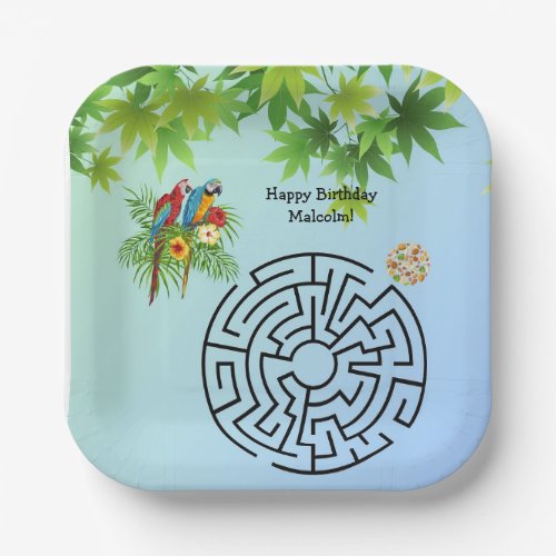 Parrots and Seeds maze on birthday paper plates