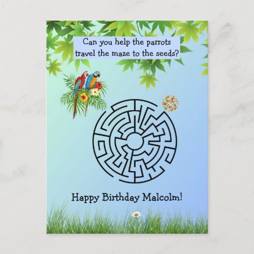 Parrots and Seeds maze on birthday postcards