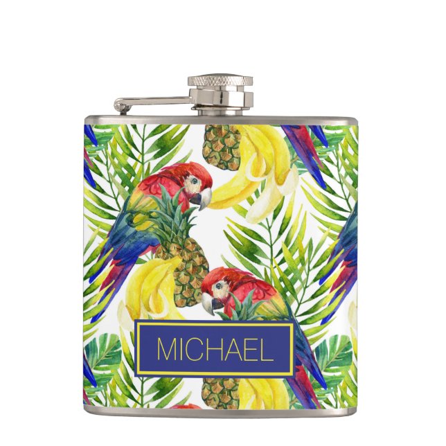 Parrots And Tropical Fruit | Add Your Name Hip Flask (Front)