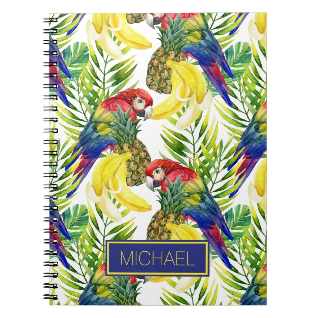 Parrots And Tropical Fruit | Add Your Name Notebook (Front)