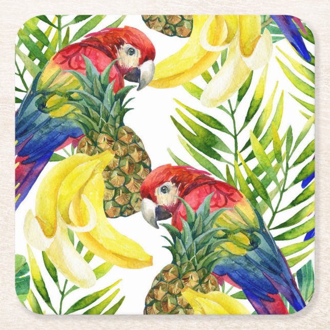 Parrots And Tropical Fruit Square Paper Coaster (Front)