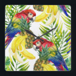 Parrots And Tropical Fruit Square Wall Clock<br><div class="desc">Birds | Tropical background with parrots and fruit on white background. © and ® Bigstock® - All Rights Reserved.</div>