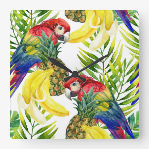 Parrots And Tropical Fruit Square Wall Clock