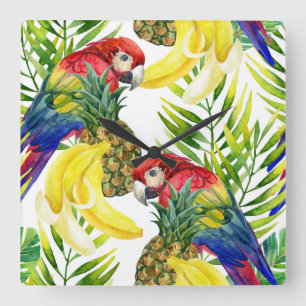 Parrots And Tropical Fruit Square Wall Clock