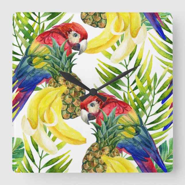 Parrots And Tropical Fruit Square Wall Clock (Front)
