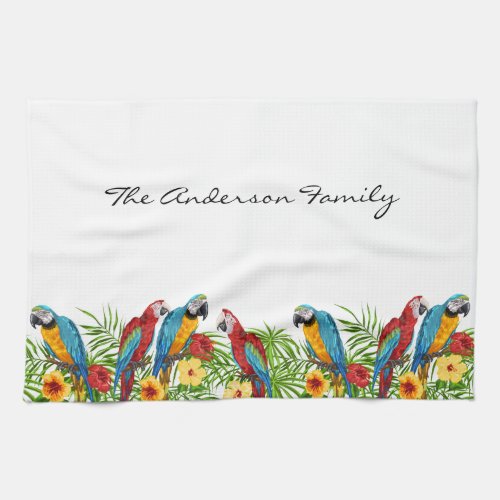 Parrots birds blue green leaves family name kitchen towel