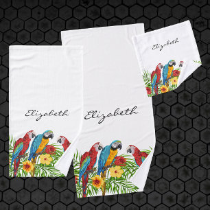 Parrots birds blue red leaves summer name bath towel set