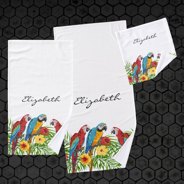 Parrots birds blue red leaves summer name bath towel set (Creator Uploaded)