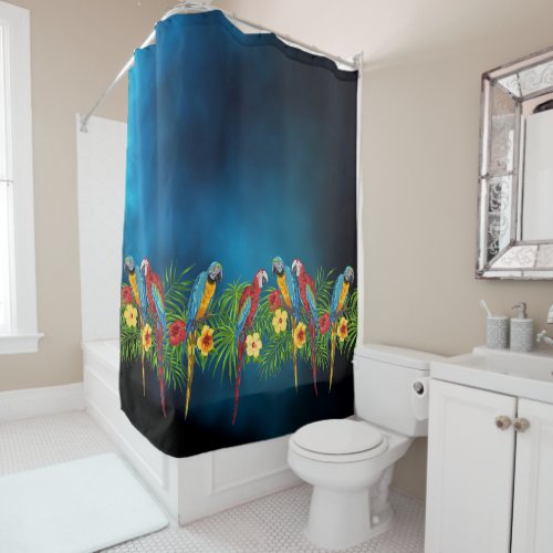 Parrots birds blue sky leaves florals shower curtain