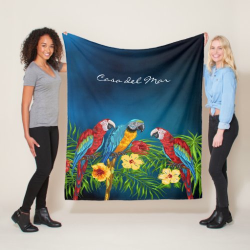 Parrots birds blue sky leaves summer home name fleece blanket