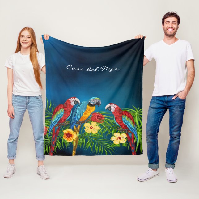 Parrots birds blue sky leaves summer home name fleece blanket (In Situ)