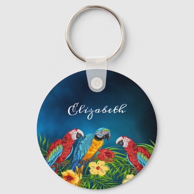 Parrots birds blue sky palm leaves name keychain (Front)