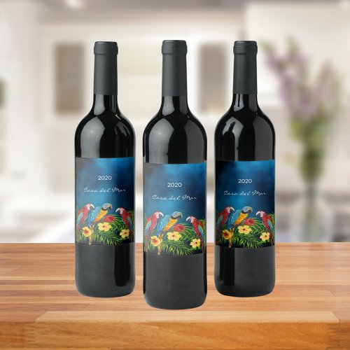 Parrots birds bue tropical wine label