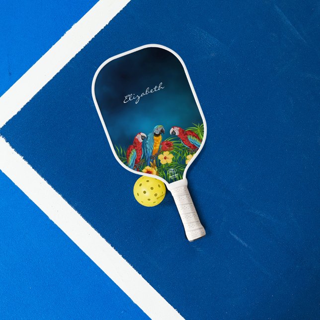 Parrots birds red blue yellow pattern name script pickleball paddle (Creator Uploaded)