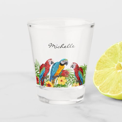 Parrots birds summer name shot glass