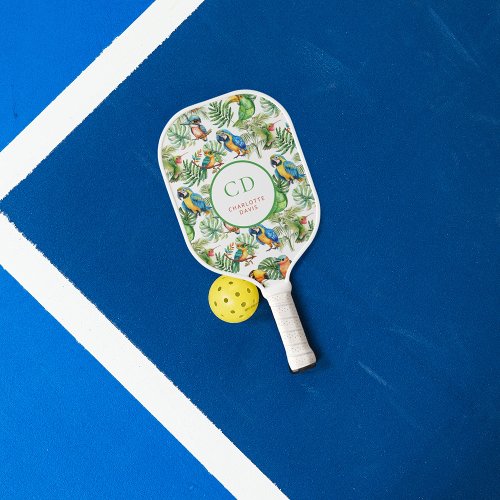 Parrots birds tropical pattern name monogram carbon fiber pickleball paddle 