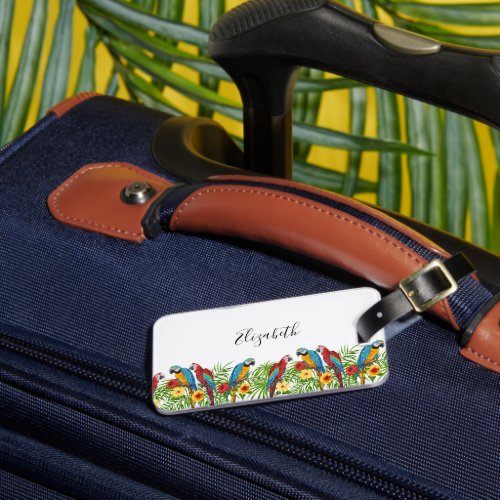 Parrots birds white red blue tropical luggage tag