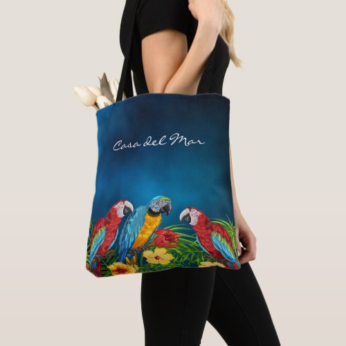 Parrots blue birds summer house name tote bag