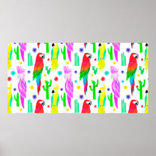 Parrots colorful seamless hand drawn pattern poster
