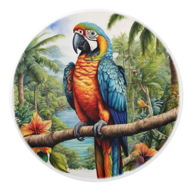 Parrots Colorful Tropical Ceramic Knob (Front)