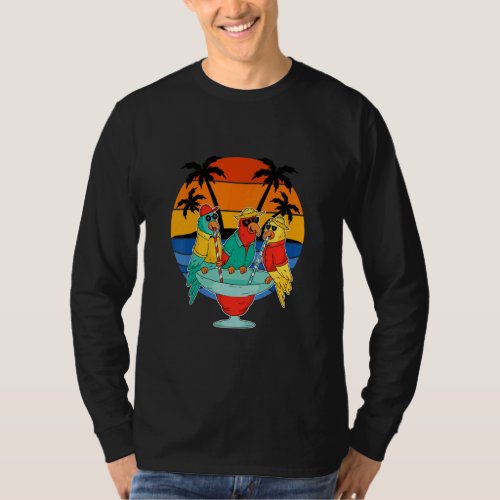 Parrots Drinking Hawaiian Vacation Sunset Palm Tre T_Shirt