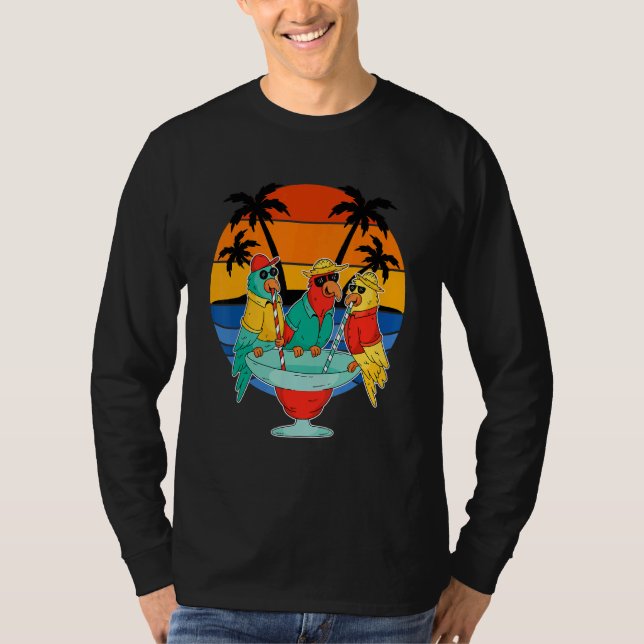 Parrots Drinking Hawaiian Vacation Sunset Palm Tre T-Shirt (Front)